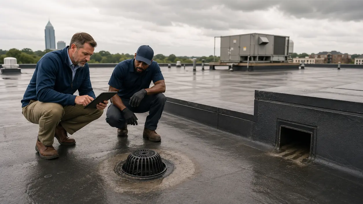 A roof drain backing up during heavy rain can signal blockage or pipe damage. Learn what facility managers should inspect and document first.