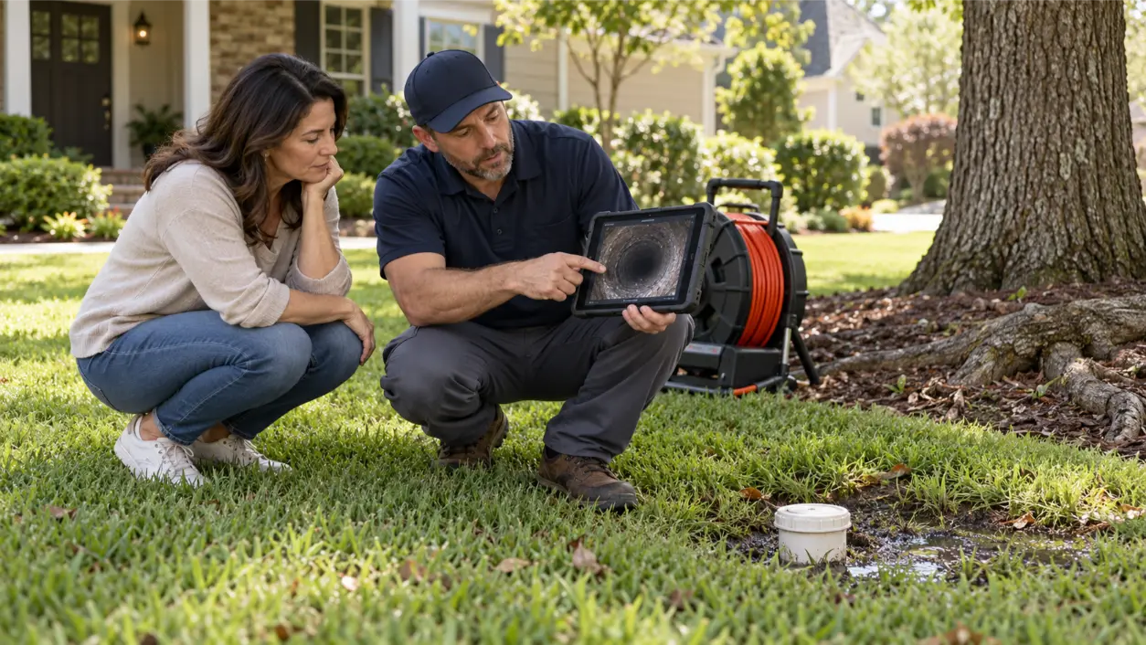 Realistic premium editorial photography, horizontal 16:9: an Atlanta homeowner and professional plumber in a suburban yard reviewing a sewer camera inspection on a tablet beside a discreet cleanout, with a subtle damp patch in the lawn and mature tree roots nearby; all screen text unreadable, natural daylight, calm diagnostic mood, main subjects centered with useful negative space for blog cropping, no exposed sewage, logos, giant warning icons, floating UI, or watermarks, photorealistic.