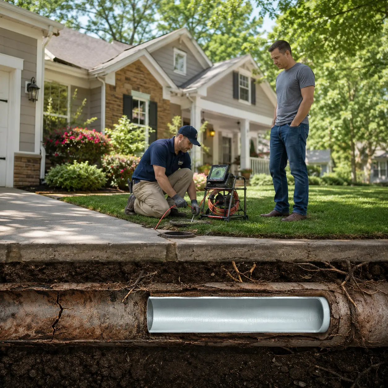 Residential CIPP pipe lining and trenchless sewer repair protecting a Georgia home from major excavation