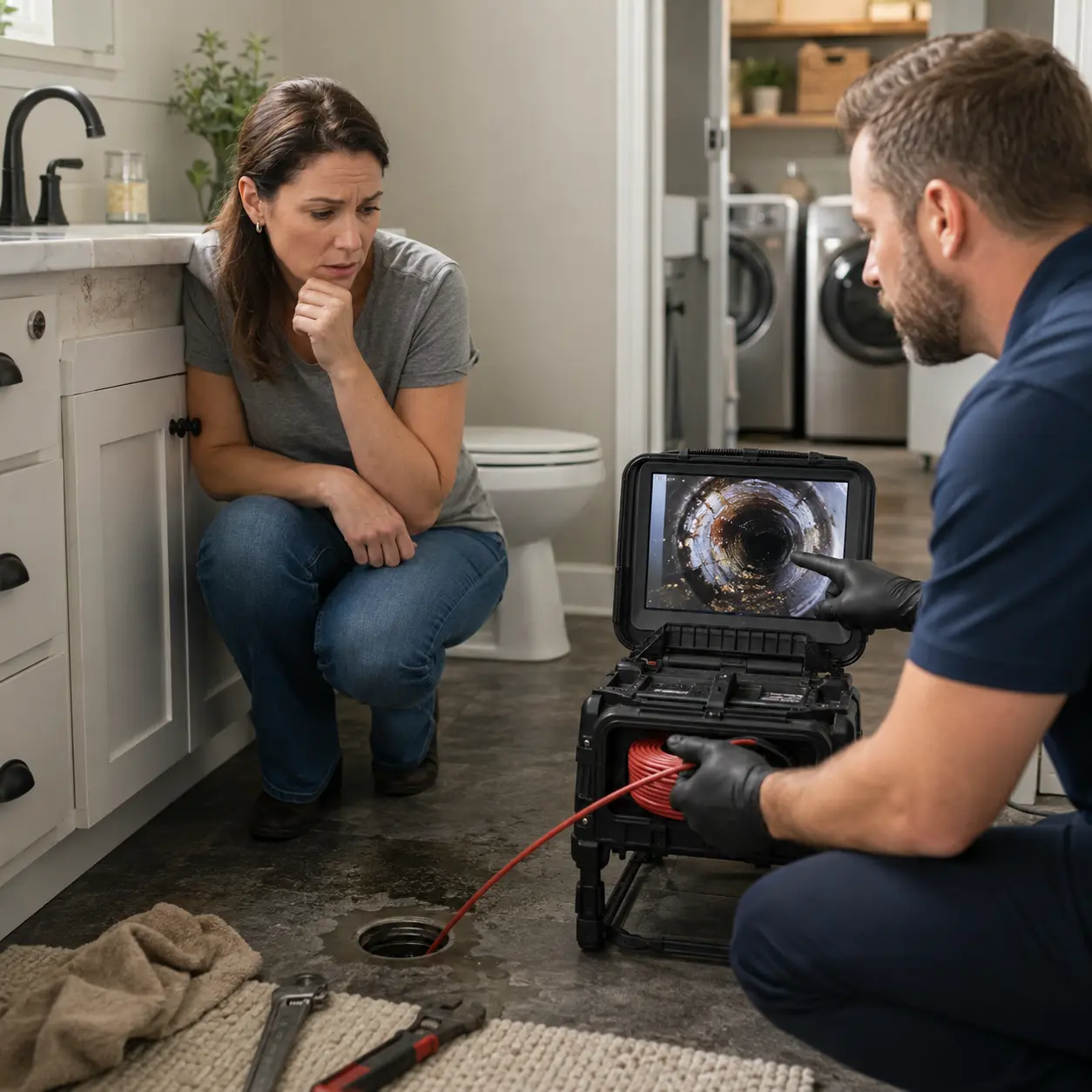 Homeowner and plumber inspecting recurring drain and sewer problems in Atlanta GA